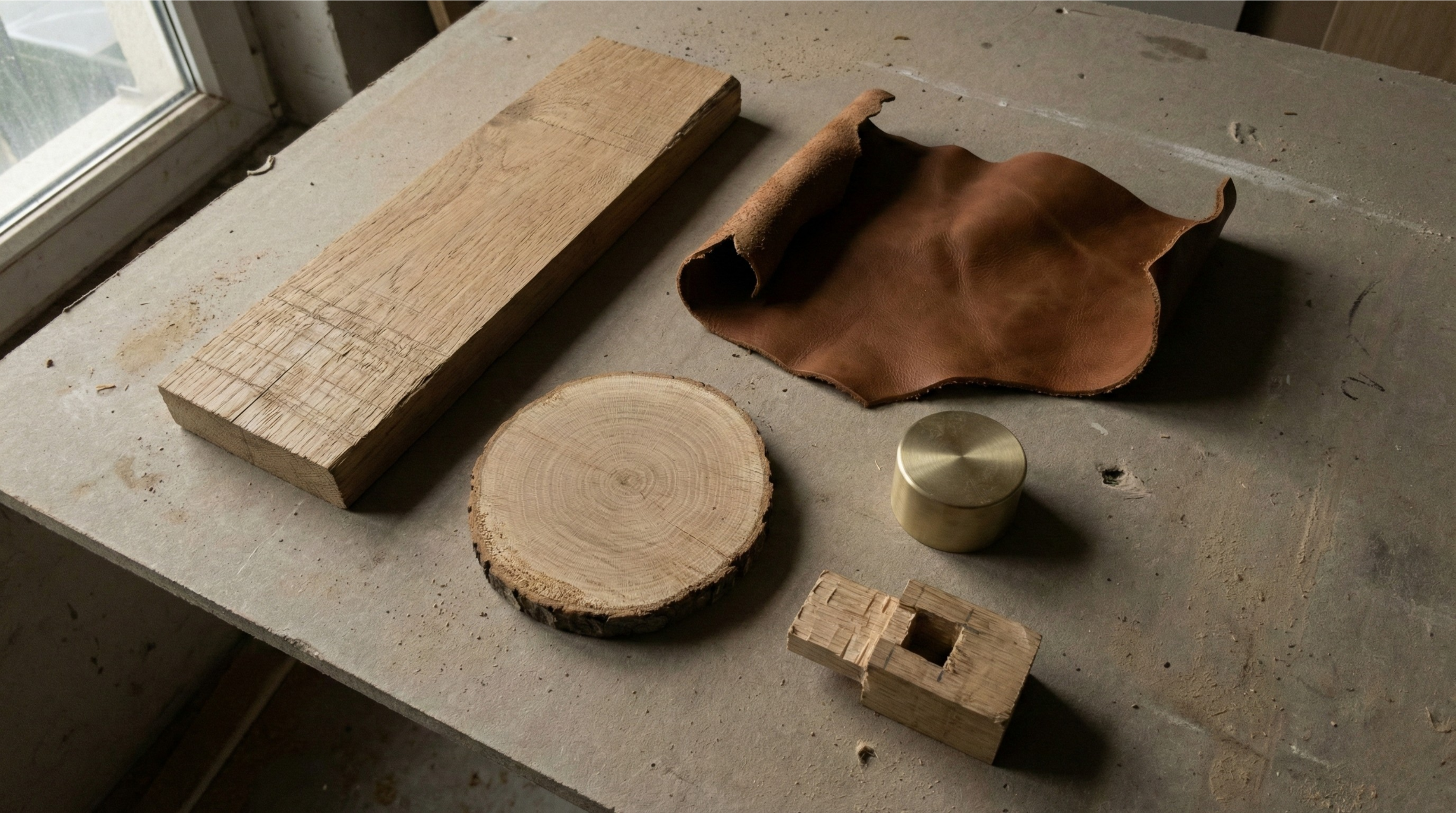 Raw materials — oak, leather, brass, joinery